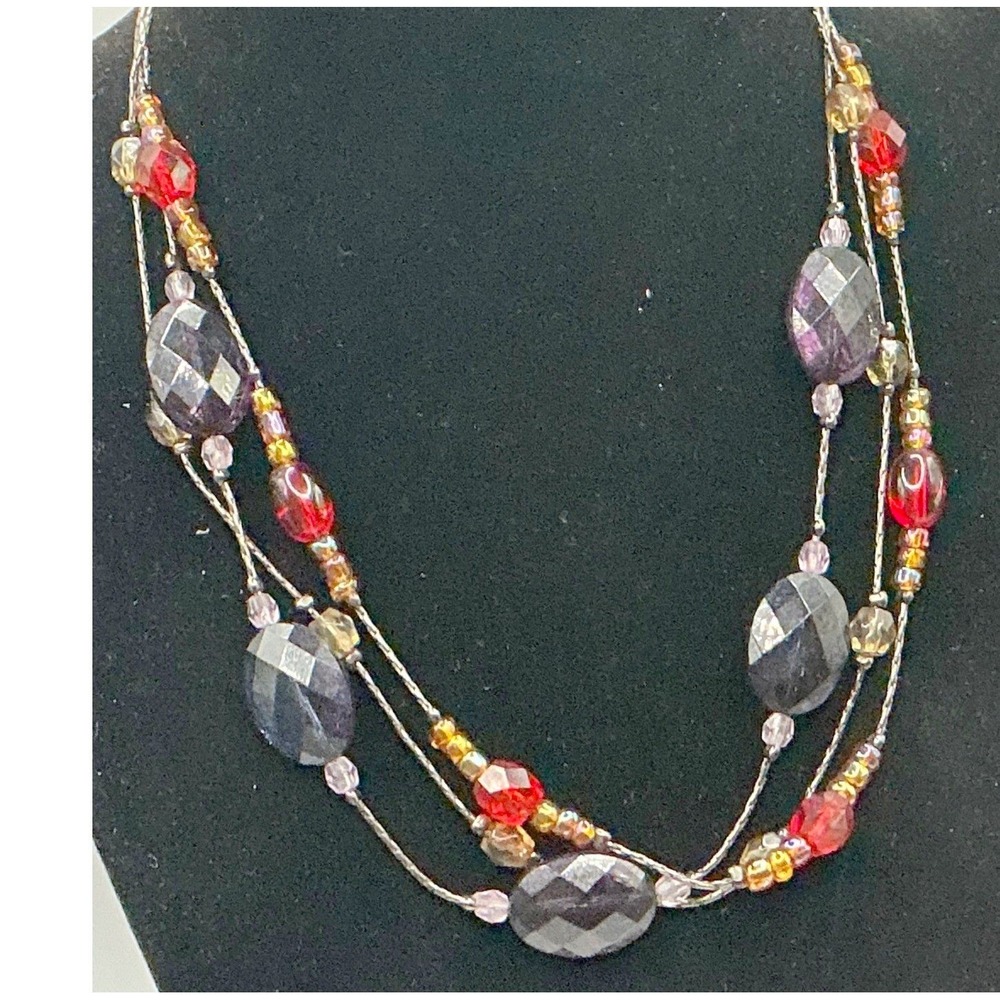 3 Strand Beaded Necklace Red Purple Faceted Beads Silver Tone 16 Inch‎